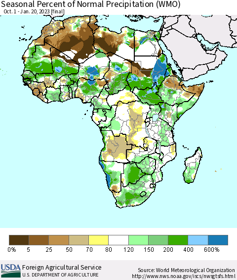 Africa Seasonal Percent of Normal Precipitation (WMO) Thematic Map For 10/1/2022 - 1/20/2023