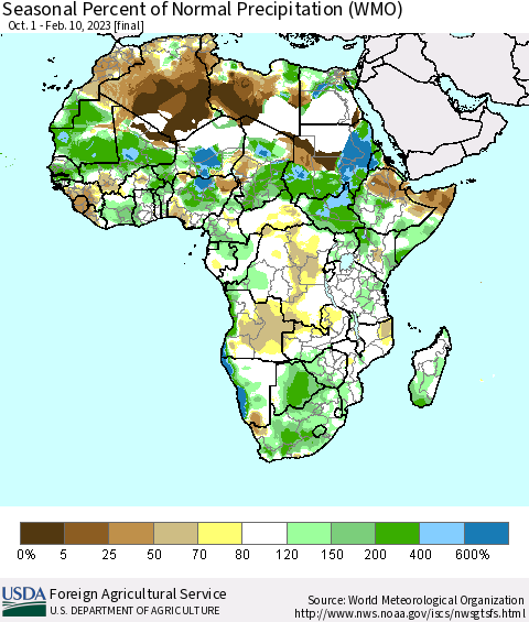 Africa Seasonal Percent of Normal Precipitation (WMO) Thematic Map For 10/1/2022 - 2/10/2023