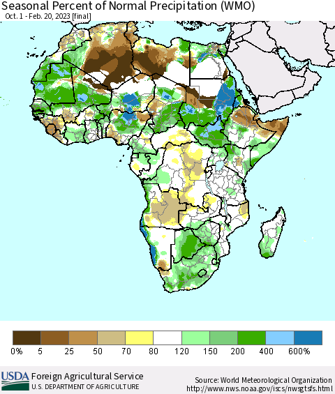 Africa Seasonal Percent of Normal Precipitation (WMO) Thematic Map For 10/1/2022 - 2/20/2023
