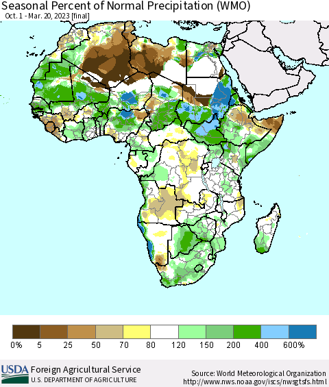 Africa Seasonal Percent of Normal Precipitation (WMO) Thematic Map For 10/1/2022 - 3/20/2023