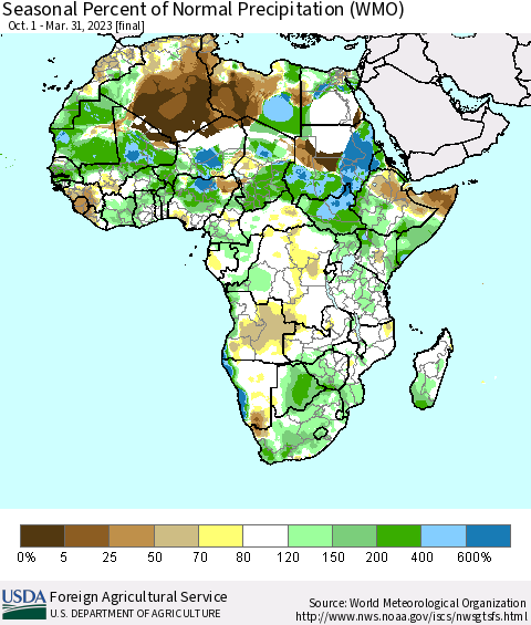 Africa Seasonal Percent of Normal Precipitation (WMO) Thematic Map For 10/1/2022 - 3/31/2023