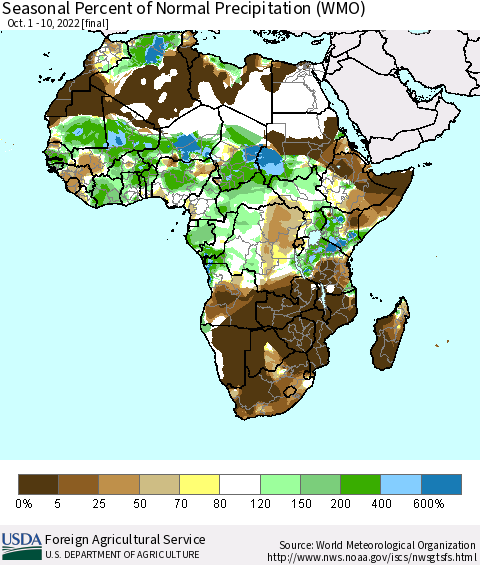 Africa Seasonal Percent of Normal Precipitation (WMO) Thematic Map For 10/1/2022 - 10/10/2022