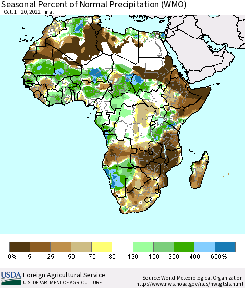 Africa Seasonal Percent of Normal Precipitation (WMO) Thematic Map For 10/1/2022 - 10/20/2022