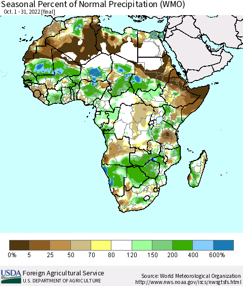 Africa Seasonal Percent of Normal Precipitation (WMO) Thematic Map For 10/1/2022 - 10/31/2022