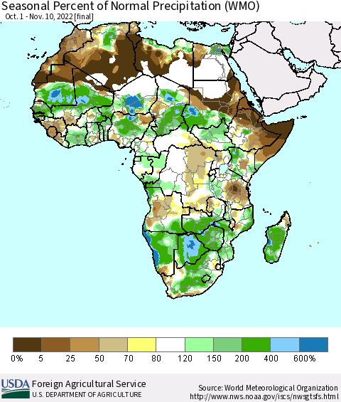 Africa Seasonal Percent of Normal Precipitation (WMO) Thematic Map For 10/1/2022 - 11/10/2022