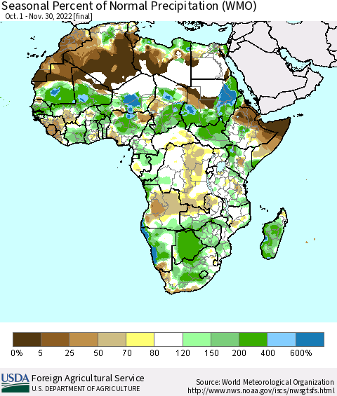 Africa Seasonal Percent of Normal Precipitation (WMO) Thematic Map For 10/1/2022 - 11/30/2022