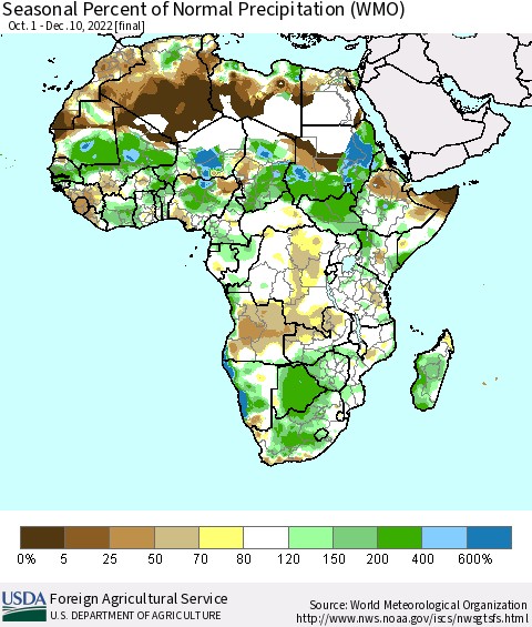 Africa Seasonal Percent of Normal Precipitation (WMO) Thematic Map For 10/1/2022 - 12/10/2022