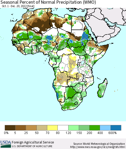 Africa Seasonal Percent of Normal Precipitation (WMO) Thematic Map For 10/1/2022 - 12/20/2022