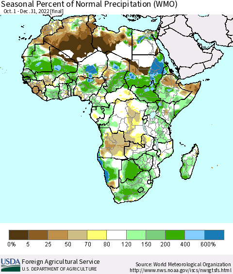 Africa Seasonal Percent of Normal Precipitation (WMO) Thematic Map For 10/1/2022 - 12/31/2022