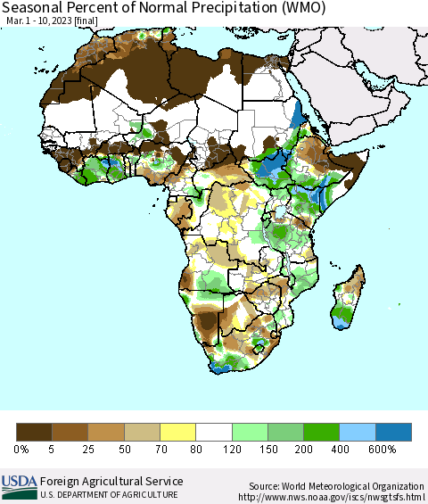 Africa Seasonal Percent of Normal Precipitation (WMO) Thematic Map For 3/1/2023 - 3/10/2023
