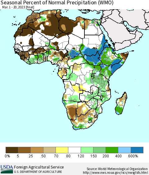 Africa Seasonal Percent of Normal Precipitation (WMO) Thematic Map For 3/1/2023 - 3/20/2023
