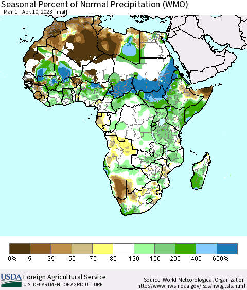Africa Seasonal Percent of Normal Precipitation (WMO) Thematic Map For 3/1/2023 - 4/10/2023