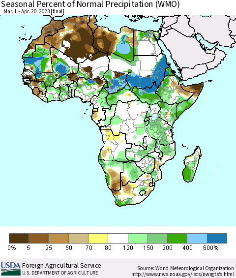 Africa Seasonal Percent of Normal Precipitation (WMO) Thematic Map For 3/1/2023 - 4/20/2023