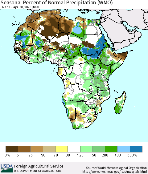 Africa Seasonal Percent of Normal Precipitation (WMO) Thematic Map For 3/1/2023 - 4/30/2023
