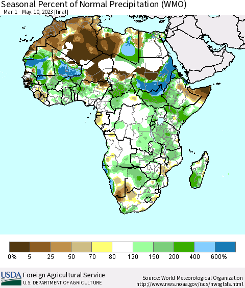 Africa Seasonal Percent of Normal Precipitation (WMO) Thematic Map For 3/1/2023 - 5/10/2023