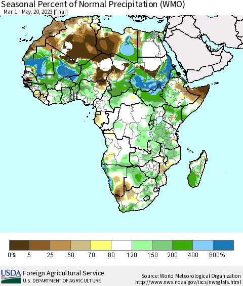Africa Seasonal Percent of Normal Precipitation (WMO) Thematic Map For 3/1/2023 - 5/20/2023