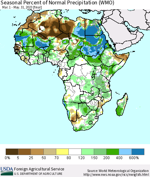 Africa Seasonal Percent of Normal Precipitation (WMO) Thematic Map For 3/1/2023 - 5/31/2023