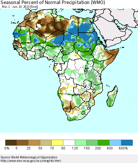 Africa Seasonal Percent of Normal Precipitation (WMO) Thematic Map For 3/1/2023 - 6/10/2023