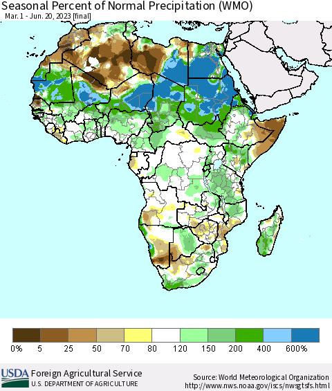 Africa Seasonal Percent of Normal Precipitation (WMO) Thematic Map For 3/1/2023 - 6/20/2023