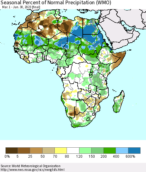 Africa Seasonal Percent of Normal Precipitation (WMO) Thematic Map For 3/1/2023 - 6/30/2023