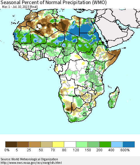 Africa Seasonal Percent of Normal Precipitation (WMO) Thematic Map For 3/1/2023 - 7/10/2023