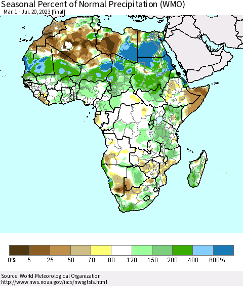 Africa Seasonal Percent of Normal Precipitation (WMO) Thematic Map For 3/1/2023 - 7/20/2023