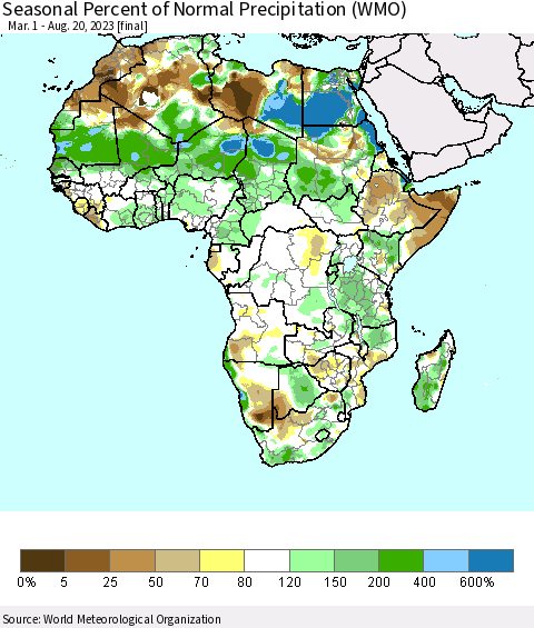Africa Seasonal Percent of Normal Precipitation (WMO) Thematic Map For 3/1/2023 - 8/20/2023