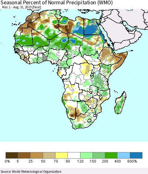 Africa Seasonal Percent of Normal Precipitation (WMO) Thematic Map For 3/1/2023 - 8/31/2023