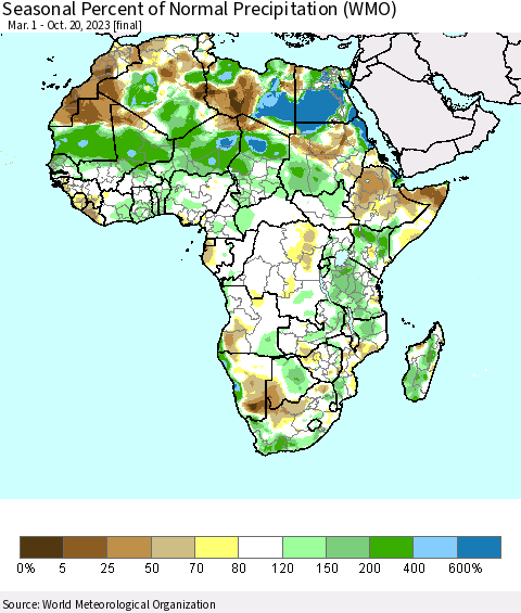 Africa Seasonal Percent of Normal Precipitation (WMO) Thematic Map For 3/1/2023 - 10/20/2023