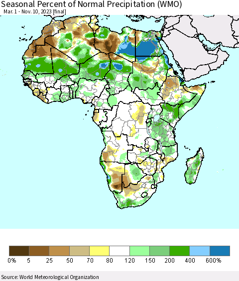 Africa Seasonal Percent of Normal Precipitation (WMO) Thematic Map For 3/1/2023 - 11/10/2023