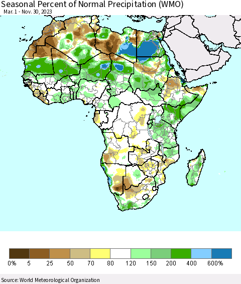 Africa Seasonal Percent of Normal Precipitation (WMO) Thematic Map For 3/1/2023 - 11/30/2023