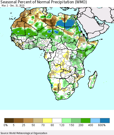 Africa Seasonal Percent of Normal Precipitation (WMO) Thematic Map For 3/1/2023 - 12/31/2023