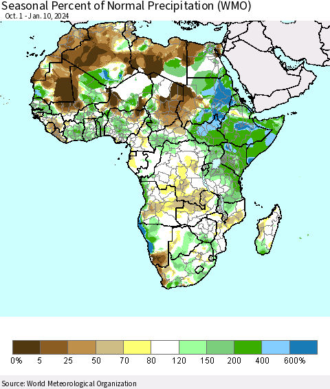 Africa Seasonal Percent of Normal Precipitation (WMO) Thematic Map For 10/1/2023 - 1/10/2024