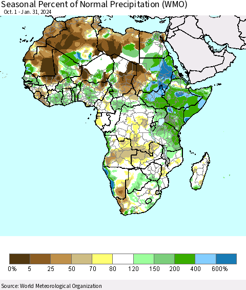 Africa Seasonal Percent of Normal Precipitation (WMO) Thematic Map For 10/1/2023 - 1/31/2024