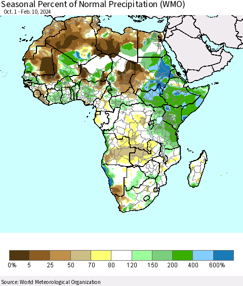 Africa Seasonal Percent of Normal Precipitation (WMO) Thematic Map For 10/1/2023 - 2/10/2024