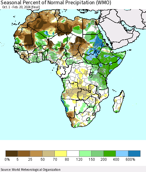 Africa Seasonal Percent of Normal Precipitation (WMO) Thematic Map For 10/1/2023 - 2/20/2024
