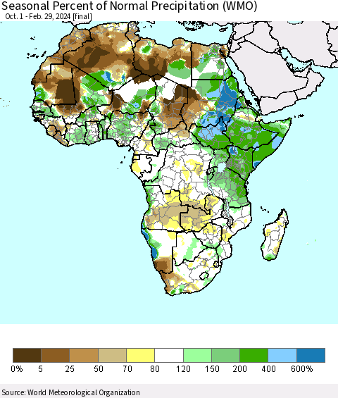 Africa Seasonal Percent of Normal Precipitation (WMO) Thematic Map For 10/1/2023 - 2/29/2024