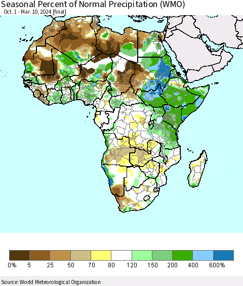 Africa Seasonal Percent of Normal Precipitation (WMO) Thematic Map For 10/1/2023 - 3/10/2024