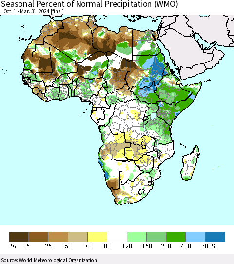 Africa Seasonal Percent of Normal Precipitation (WMO) Thematic Map For 10/1/2023 - 3/31/2024