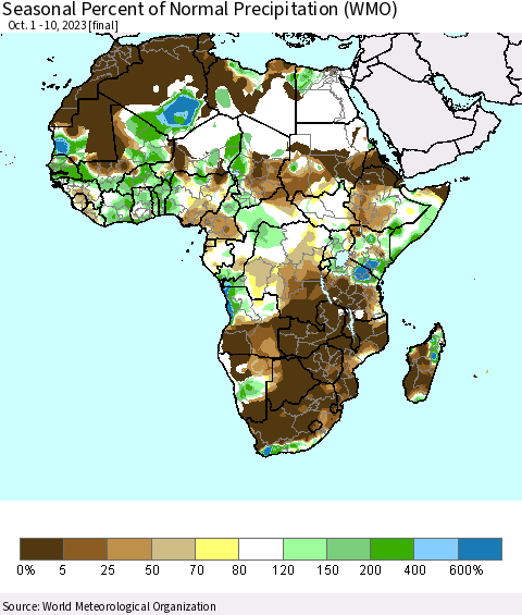 Africa Seasonal Percent of Normal Precipitation (WMO) Thematic Map For 10/1/2023 - 10/10/2023