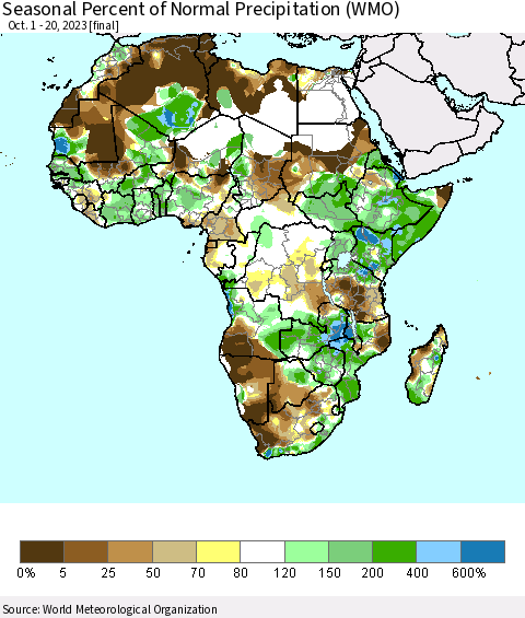 Africa Seasonal Percent of Normal Precipitation (WMO) Thematic Map For 10/1/2023 - 10/20/2023