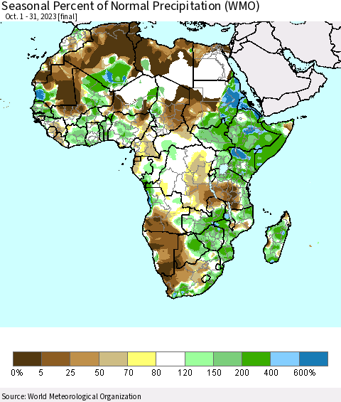 Africa Seasonal Percent of Normal Precipitation (WMO) Thematic Map For 10/1/2023 - 10/31/2023