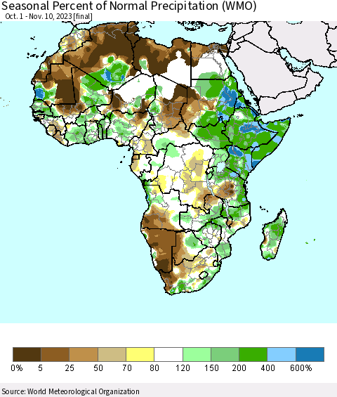 Africa Seasonal Percent of Normal Precipitation (WMO) Thematic Map For 10/1/2023 - 11/10/2023