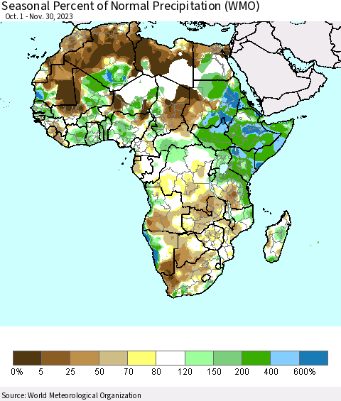 Africa Seasonal Percent of Normal Precipitation (WMO) Thematic Map For 10/1/2023 - 11/30/2023