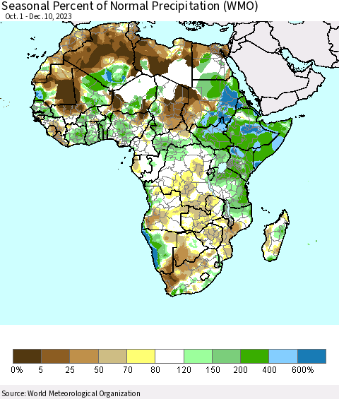 Africa Seasonal Percent of Normal Precipitation (WMO) Thematic Map For 10/1/2023 - 12/10/2023