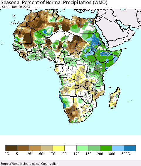 Africa Seasonal Percent of Normal Precipitation (WMO) Thematic Map For 10/1/2023 - 12/20/2023