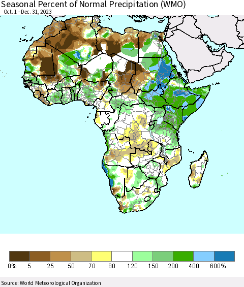 Africa Seasonal Percent of Normal Precipitation (WMO) Thematic Map For 10/1/2023 - 12/31/2023