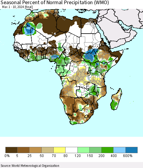 Africa Seasonal Percent of Normal Precipitation (WMO) Thematic Map For 3/1/2024 - 3/10/2024
