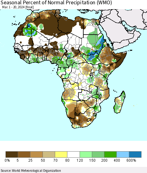 Africa Seasonal Percent of Normal Precipitation (WMO) Thematic Map For 3/1/2024 - 3/20/2024