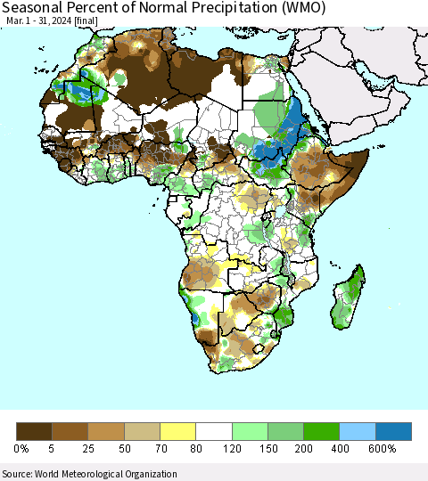 Africa Seasonal Percent of Normal Precipitation (WMO) Thematic Map For 3/1/2024 - 3/31/2024